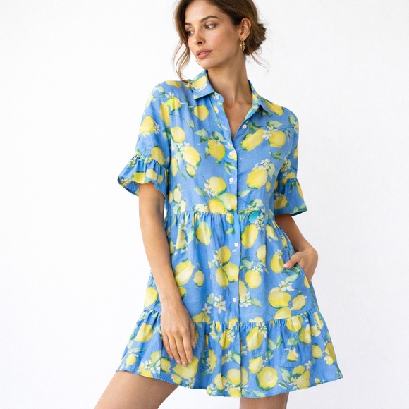Francesca Bettini Blue Lemon Linen Button Front Mini Dress With Pockets– Size M - Picture 1 of 10